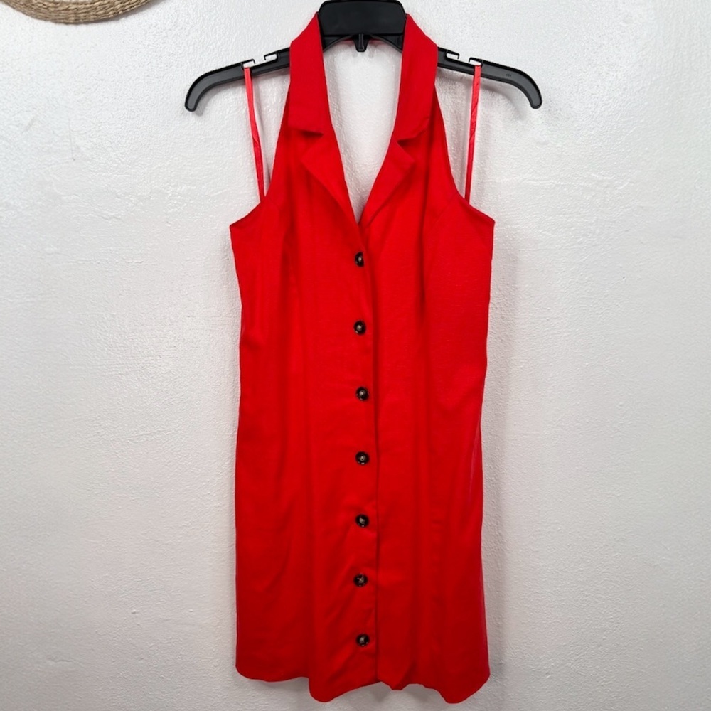 Monteau Los Angeles Dress Womens XS Red Orange Halter Collared Button Front Mini